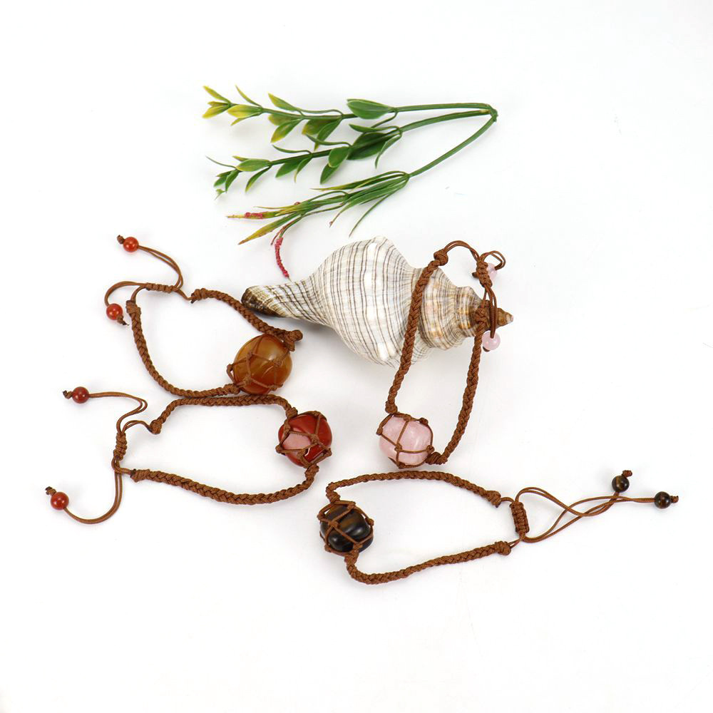 Tumbled Stone Brown Woven Mesh Bag Bracelets Adjustable
