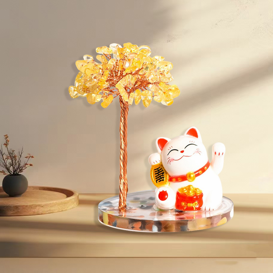 Raw Stone Copper  Tree with Colorful Resin Base Lucky Cat Ornament （Approx 80X120MM)