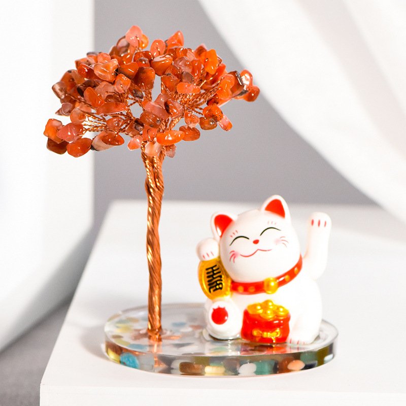 Raw Stone Copper  Tree with Colorful Resin Base Lucky Cat Ornament （Approx 80X120MM)