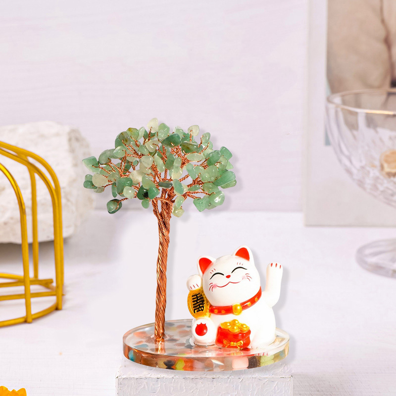 Raw Stone Copper  Tree with Colorful Resin Base Lucky Cat Ornament （Approx 80X120MM)