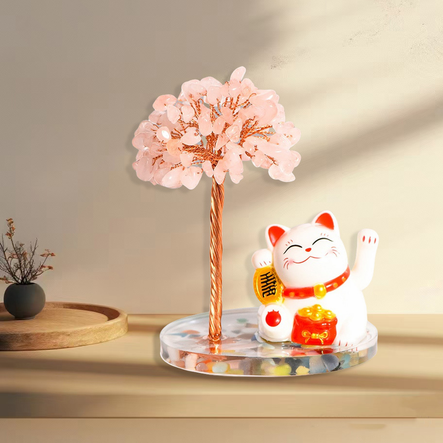 Raw Stone Copper  Tree with Colorful Resin Base Lucky Cat Ornament （Approx 80X120MM)