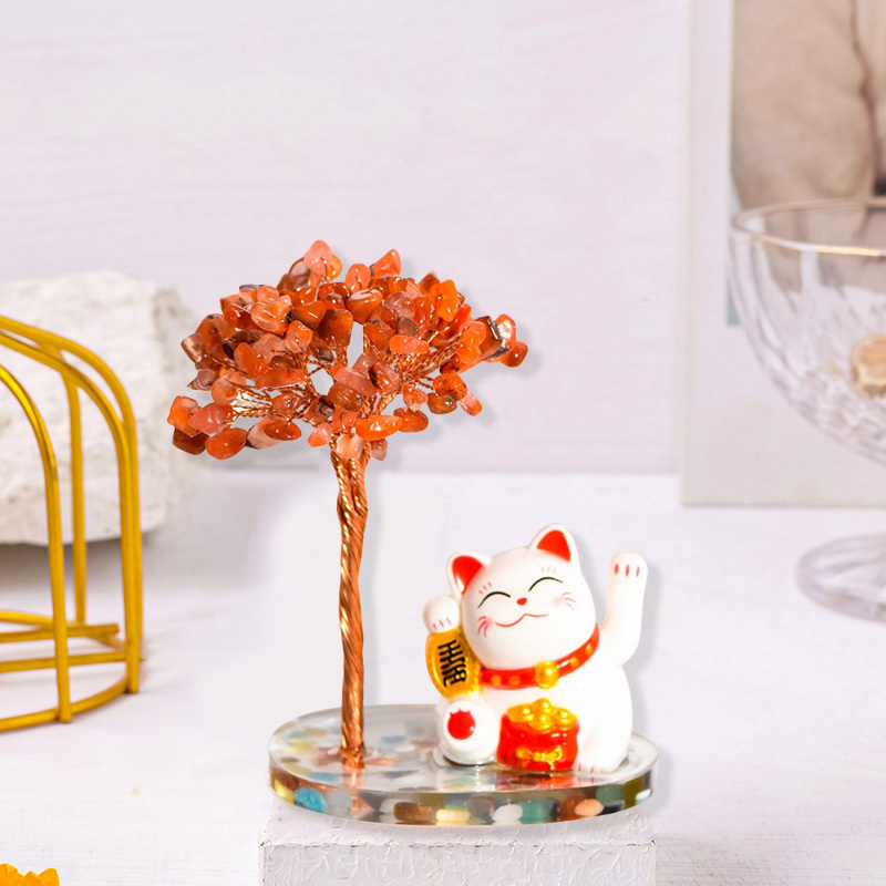 Raw Stone Copper  Tree with Colorful Resin Base Lucky Cat Ornament （Approx 80X120MM)