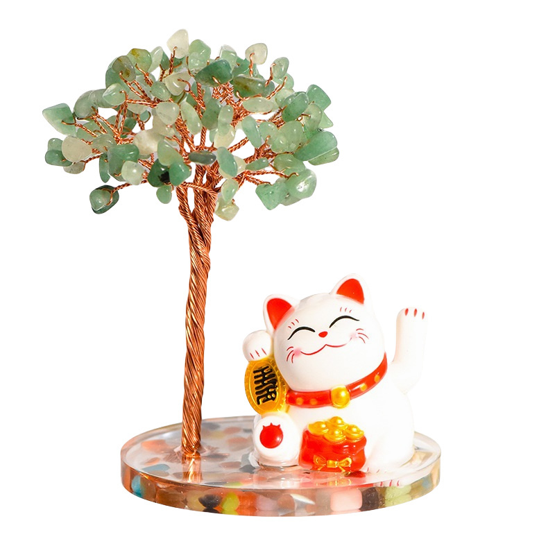 Raw Stone Copper  Tree with Colorful Resin Base Lucky Cat Ornament （Approx 80X120MM)