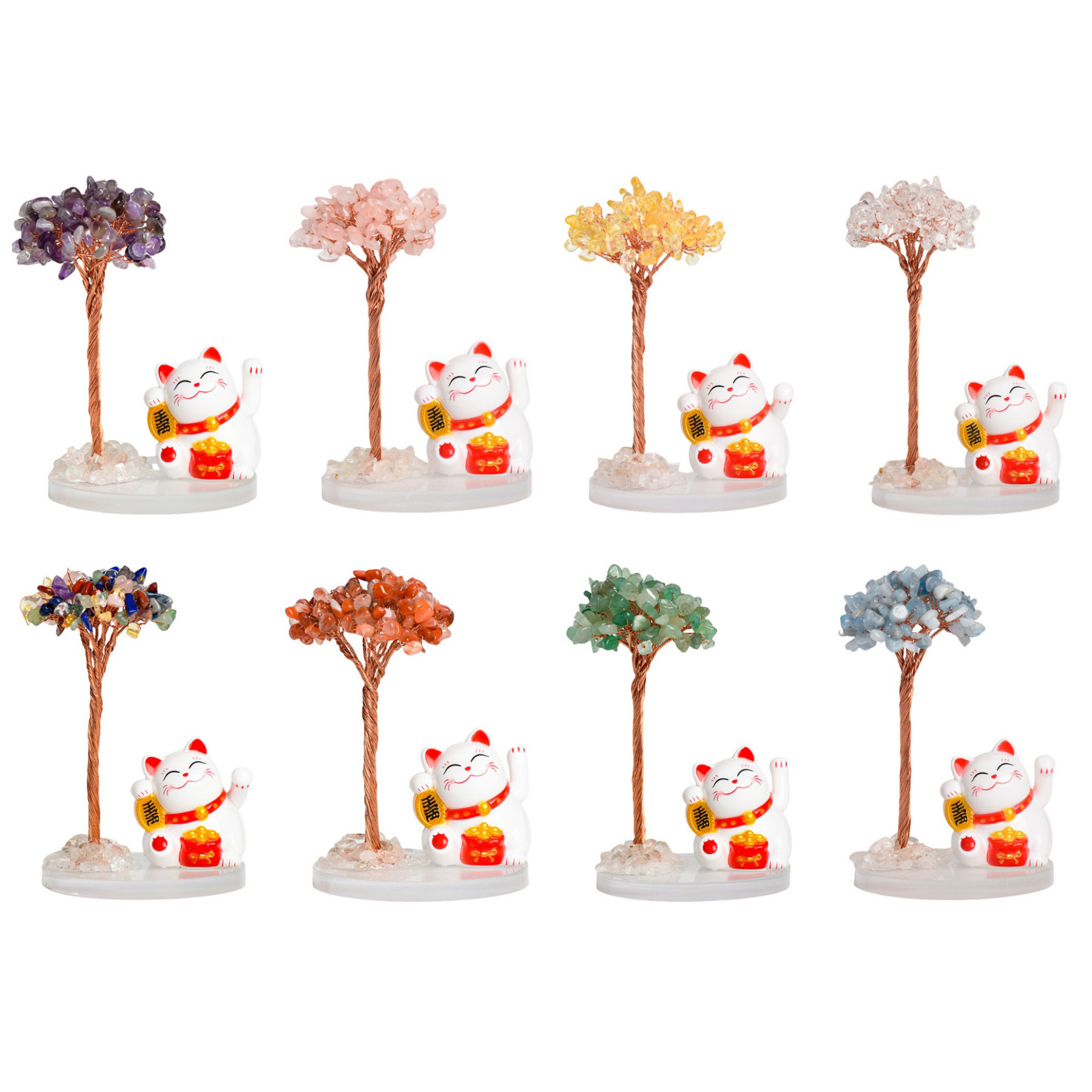 Raw Stone Copper  Tree with Clear Resin Base Lucky Cat Ornament （Approx 80X120MM)