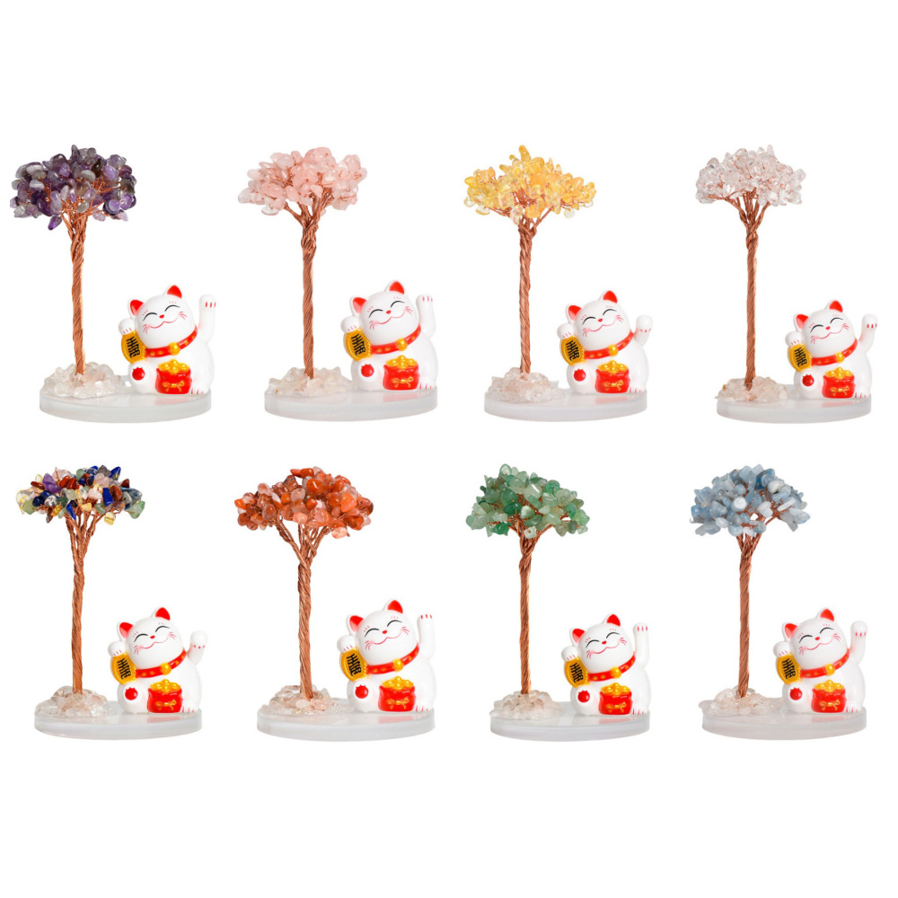 Raw Stone Copper  Tree with Clear Resin Base Lucky Cat Ornament （Approx 80X120MM)