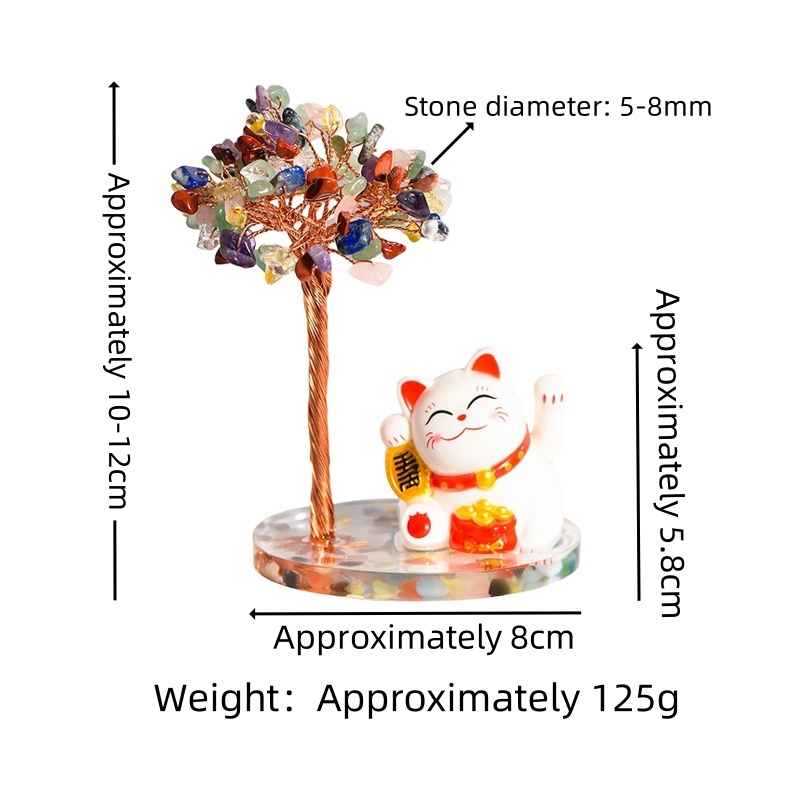 Raw Stone Copper  Tree with Clear Resin Base Lucky Cat Ornament （Approx 80X120MM)