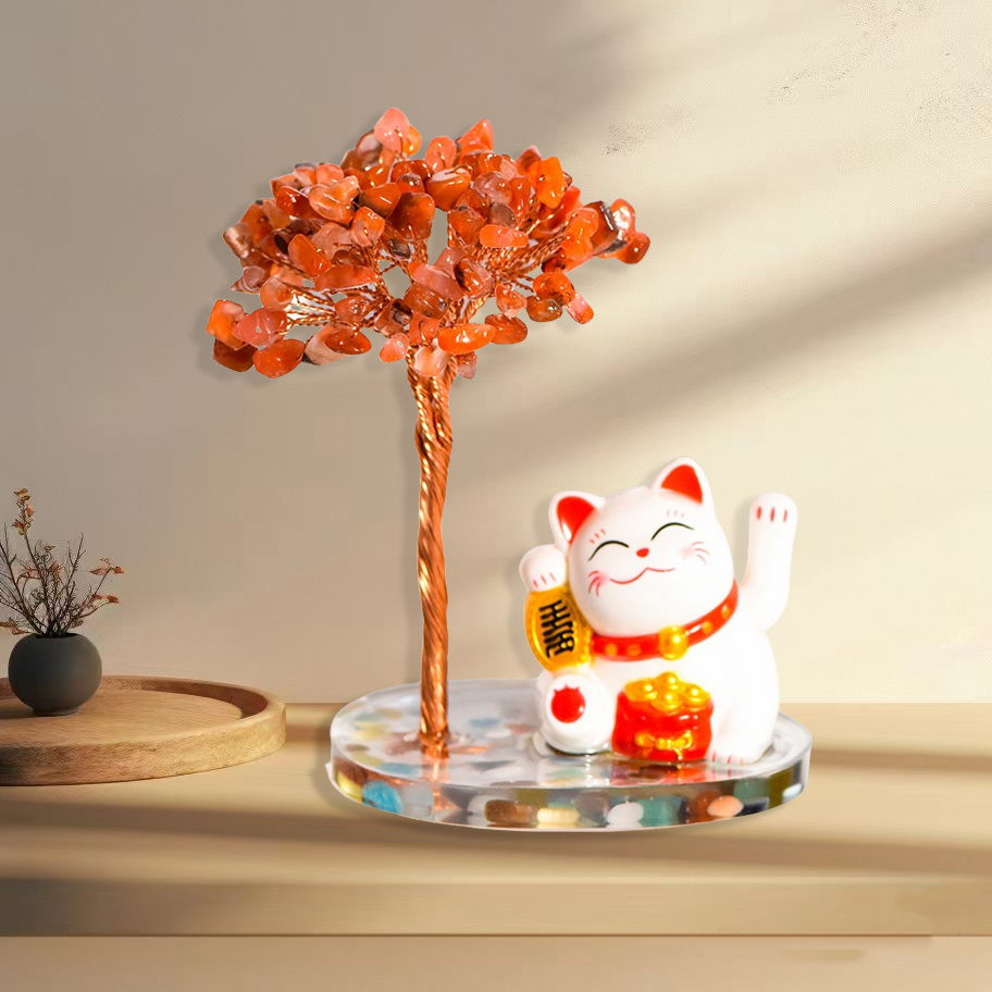 Raw Stone Copper  Tree with Colorful Resin Base Lucky Cat Ornament （Approx 80X120MM)