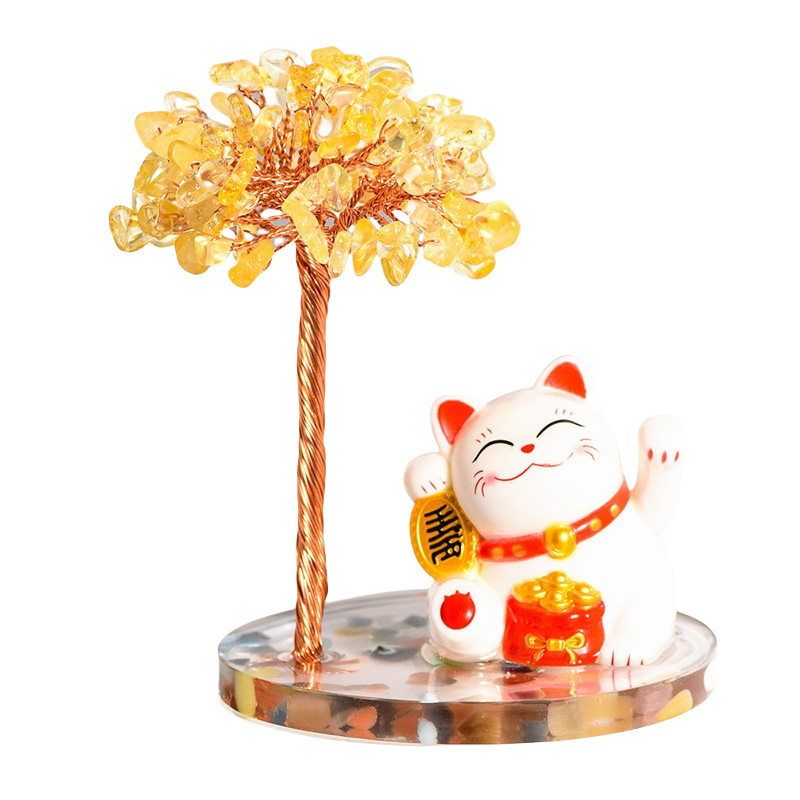 Raw Stone Copper  Tree with Colorful Resin Base Lucky Cat Ornament （Approx 80X120MM)