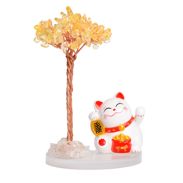 Raw Stone Copper  Tree with Clear Resin Base Lucky Cat Ornament （Approx 80X120MM)