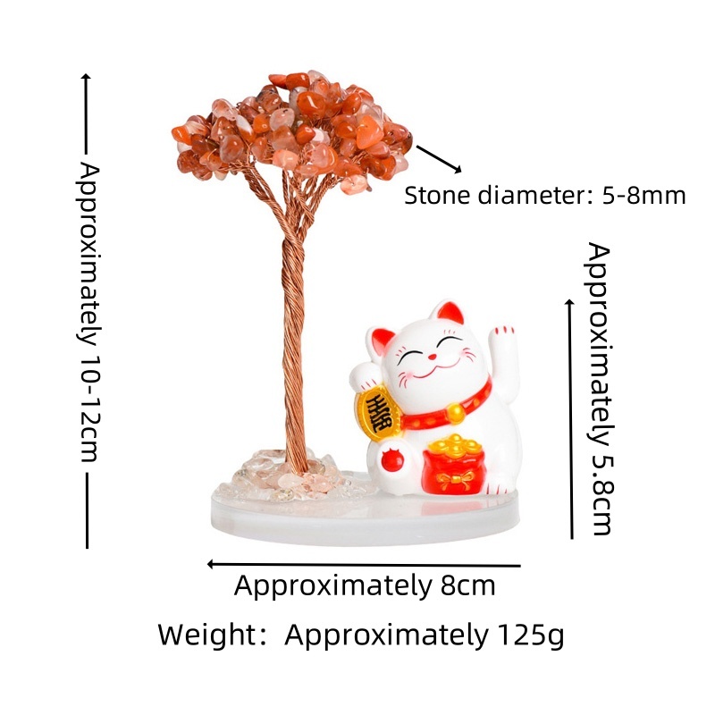 Raw Stone Copper  Tree with Clear Resin Base Lucky Cat Ornament （Approx 80X120MM)
