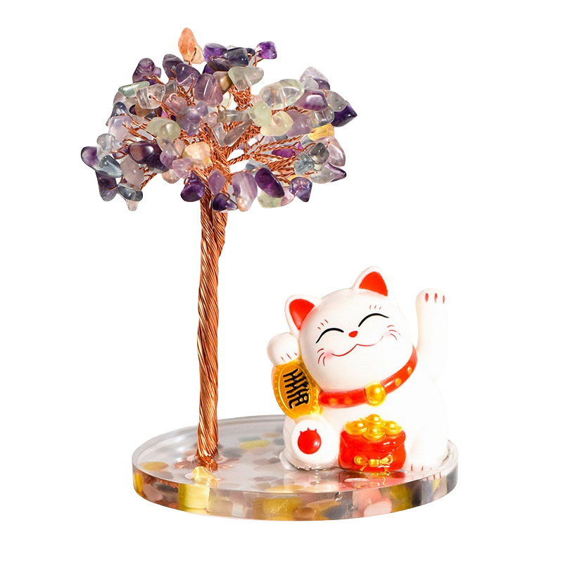 Raw Stone Copper  Tree with Colorful Resin Base Lucky Cat Ornament （Approx 80X120MM)