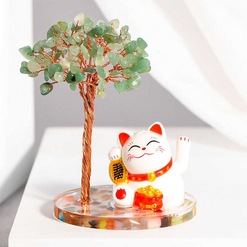 Raw Stone Copper  Tree with Colorful Resin Base Lucky Cat Ornament （Approx 80X120MM)