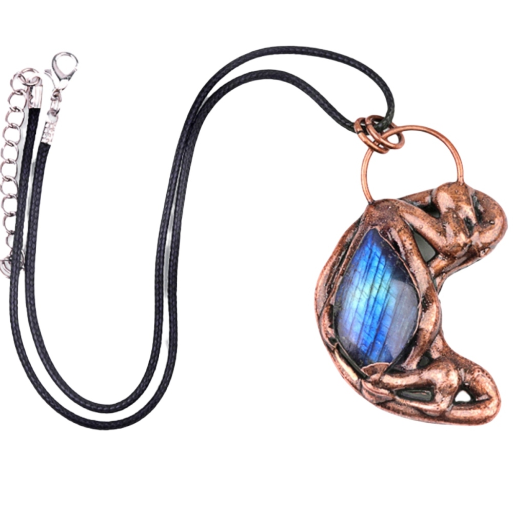Reiki  Healing Crystal Stone Pendant Necklace for Men and Women, Labradorite Retro Red Copper Moon Stone Pendant