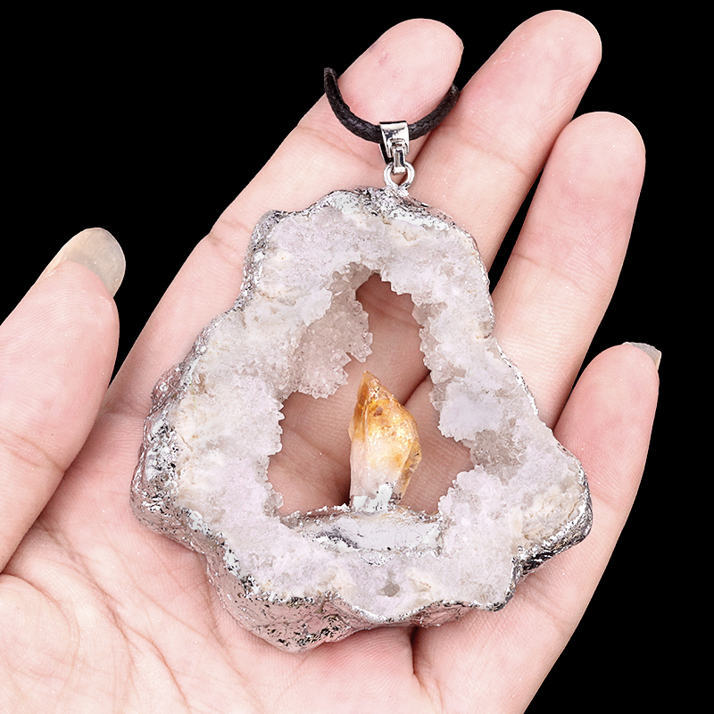 Silver Druzy Crystal Cave Pendant Necklace