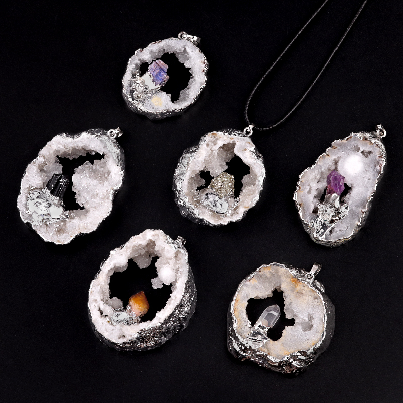 Silver Druzy Crystal Cave Pendant Necklace