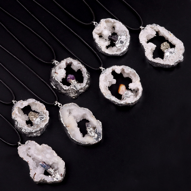 Silver Druzy Crystal Cave Pendant Necklace