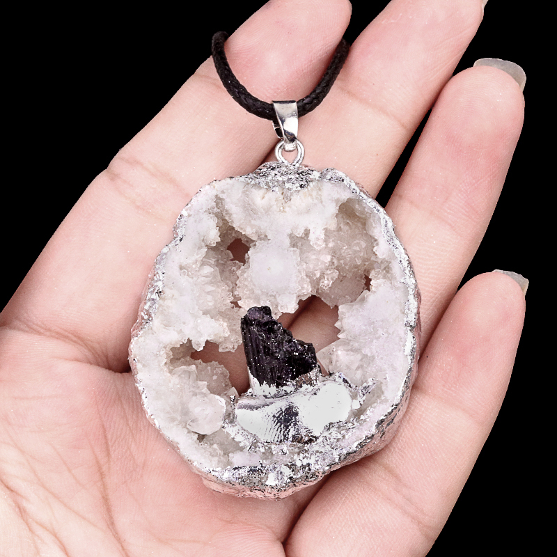 Silver Druzy Crystal Cave Pendant Necklace