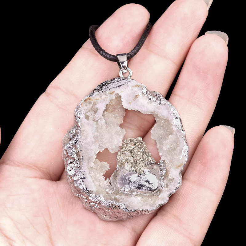 Silver Druzy Crystal Cave Pendant Necklace