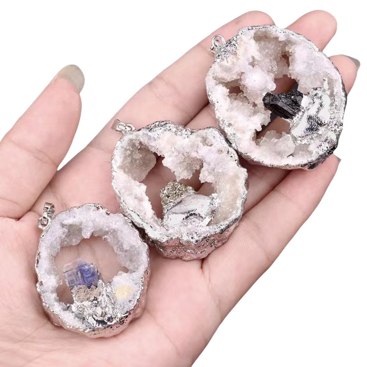 Silver Druzy Crystal Cave Pendant Necklace
