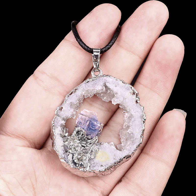 Silver Druzy Crystal Cave Pendant Necklace