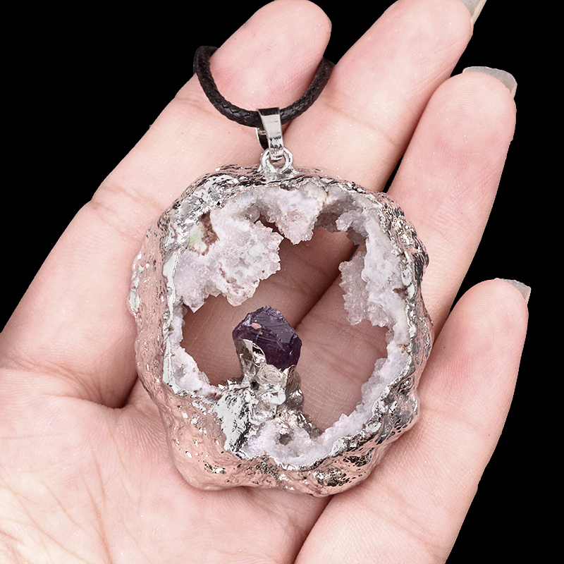 Silver Druzy Crystal Cave Pendant Necklace