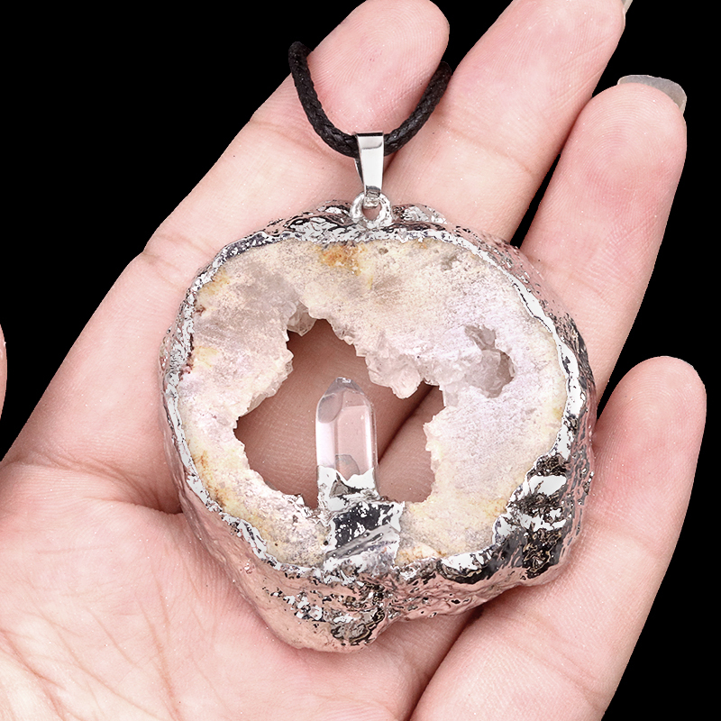 Silver Druzy Crystal Cave Pendant Necklace