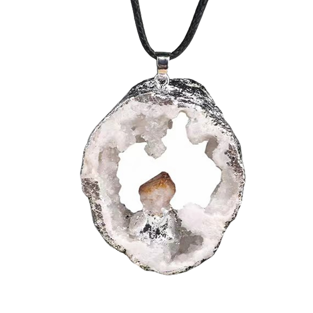 Silver Druzy Crystal Cave Pendant Necklace