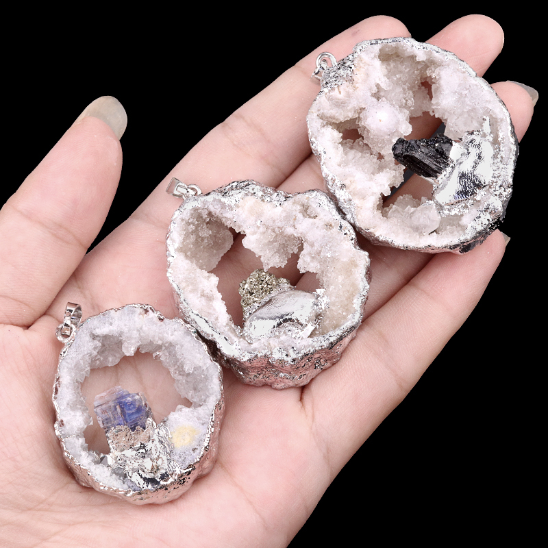 Silver Druzy Crystal Cave Pendant Necklace