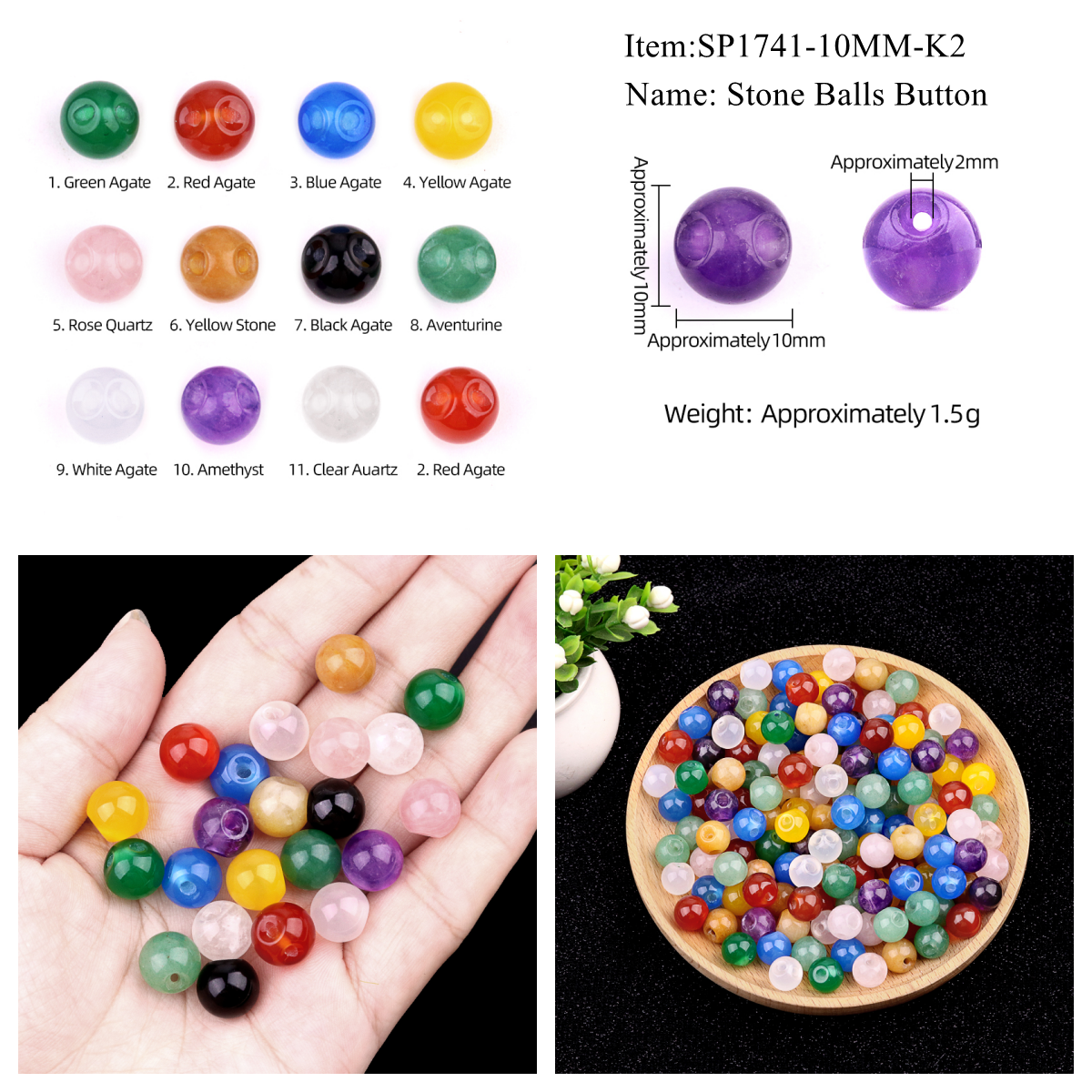 Natural Gemstone 10MM Button Round Beads Drilled 2.0mm Edge-hole 10PCS/BAGS