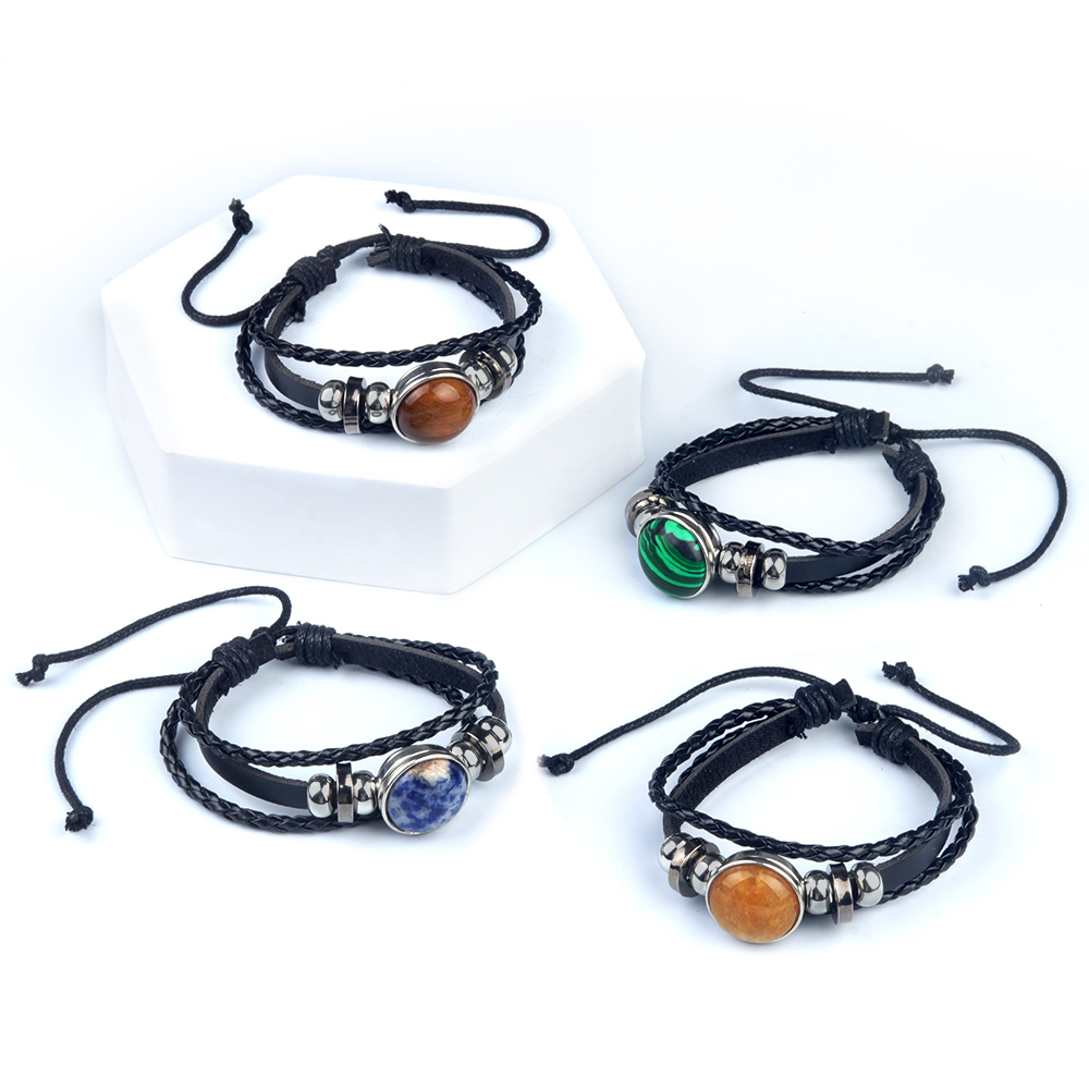 Natural Gemstone 20MM Cabs Handmade Woven Leather Bracelets for Women Men