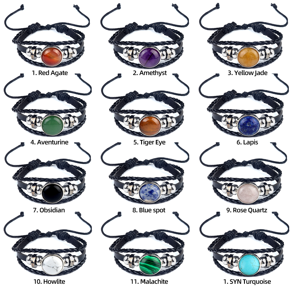 Natural Gemstone 20MM Cabs Handmade Woven Leather Bracelets for Women Men