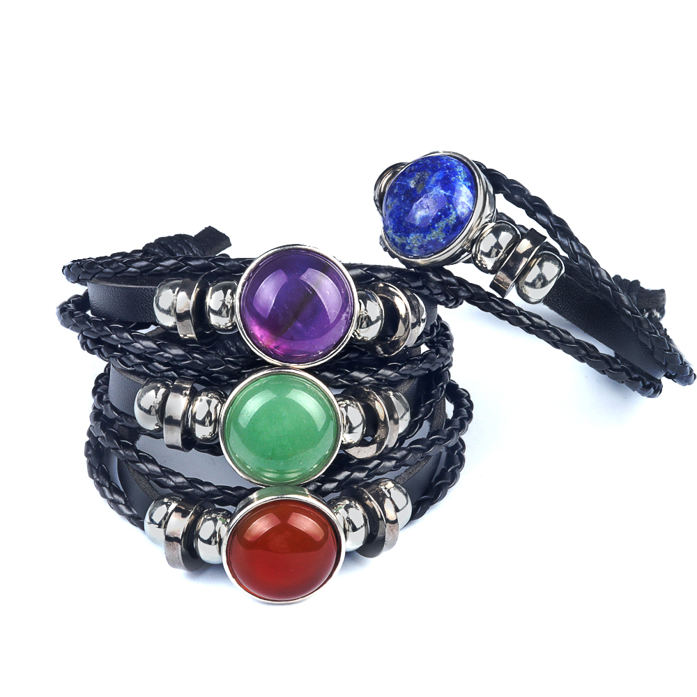 Natural Gemstone 20MM Cabs Handmade Woven Leather Bracelets for Women Men