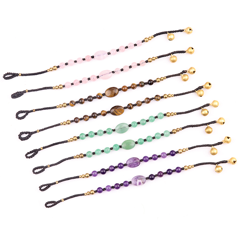 Natural Stone Stone Beads Handmade Woven Silver Bell Bracelets for Women Girls