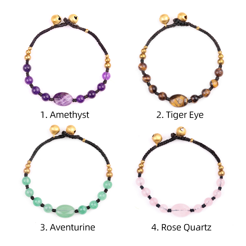 Natural Stone Stone Beads Handmade Woven Silver Bell Bracelets for Women Girls