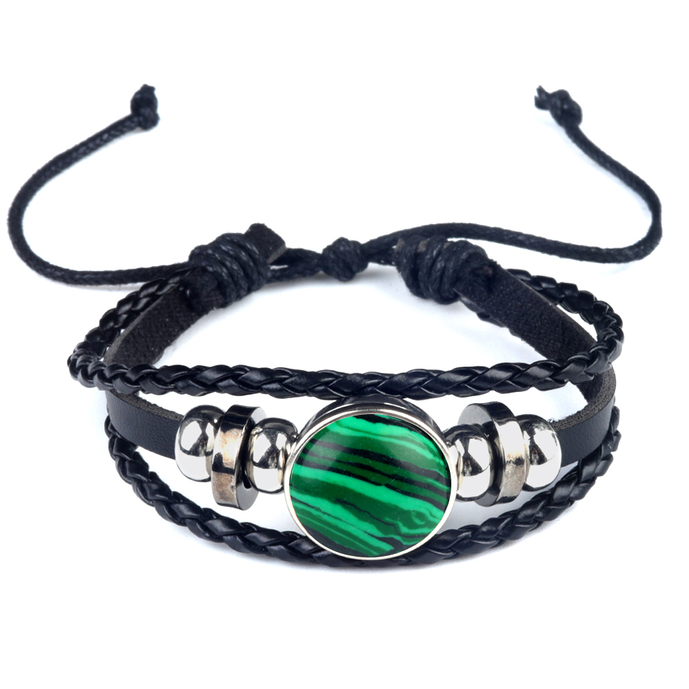 Natural Gemstone 20MM Cabs Handmade Woven Leather Bracelets for Women Men