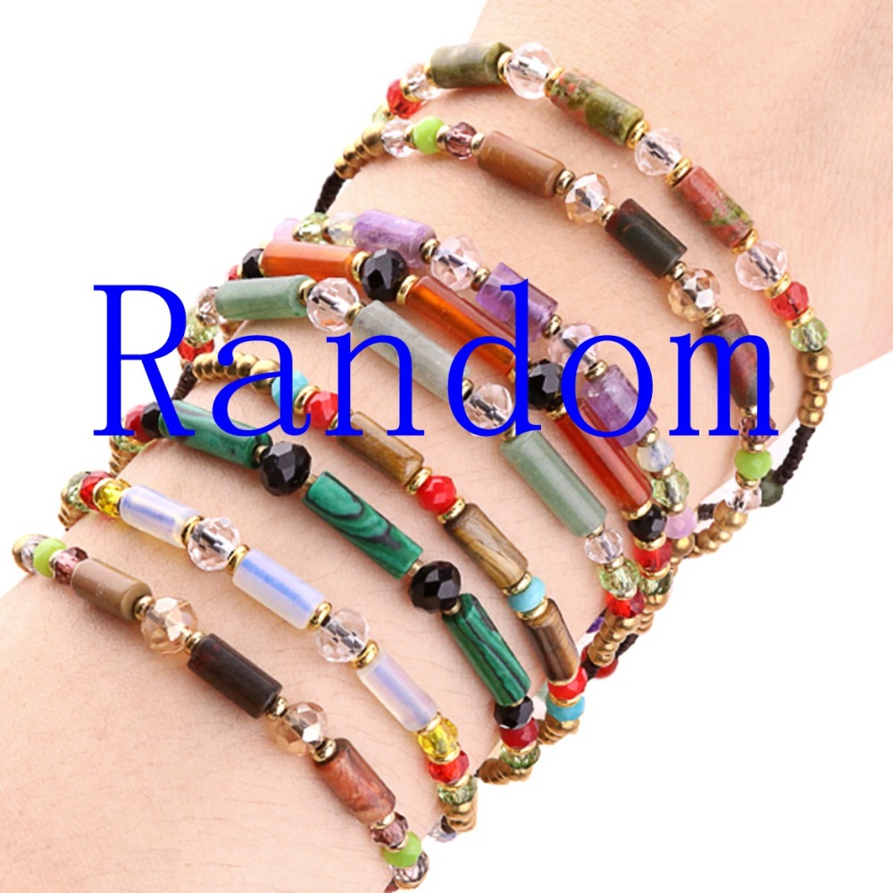 Natural Stone Tube Beads Handmade Woven Silver Bell Bracelets for Women Girls