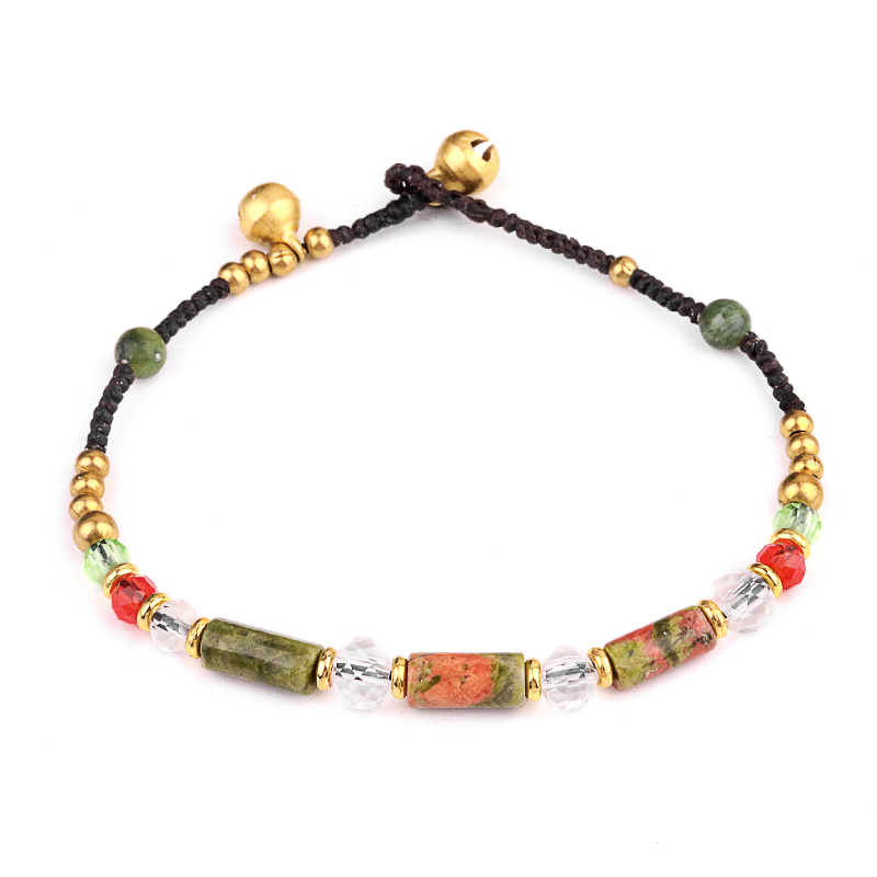 Natural Stone Tube Beads Handmade Woven Silver Bell Bracelets for Women Girls
