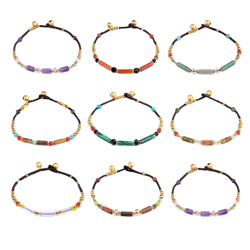 Natural Stone Tube Beads Handmade Woven Silver Bell Bracelets for Women Girls