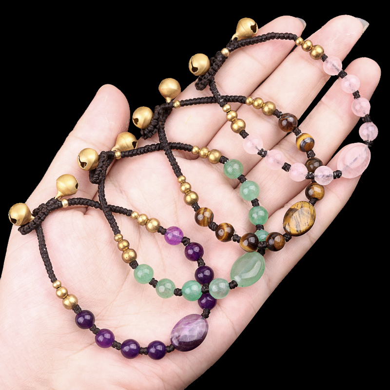 Natural Stone Stone Beads Handmade Woven Silver Bell Bracelets for Women Girls