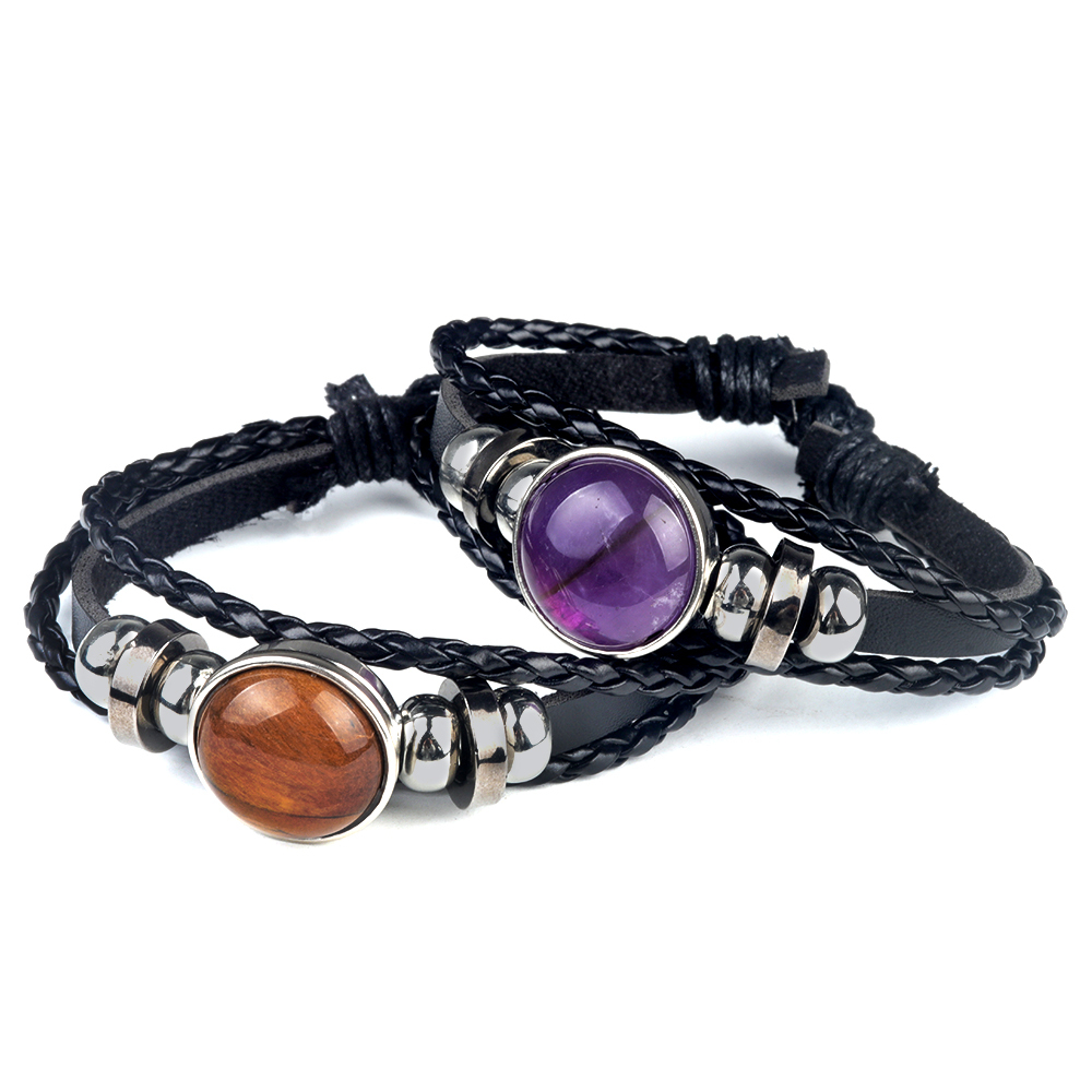Natural Gemstone 20MM Cabs Handmade Woven Leather Bracelets for Women Men