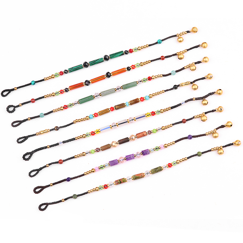Natural Stone Tube Beads Handmade Woven Silver Bell Bracelets for Women Girls