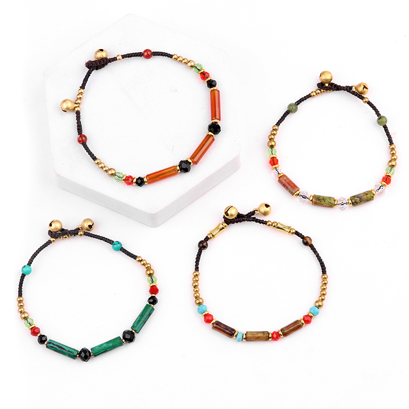 Natural Stone Tube Beads Handmade Woven Silver Bell Bracelets for Women Girls