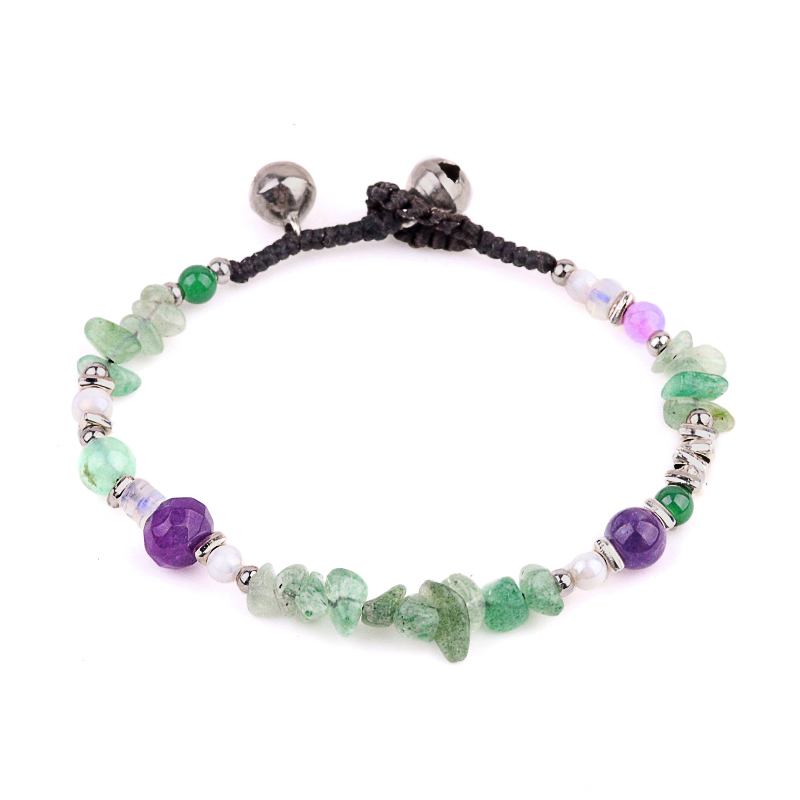 Chip Stone Beads Handmade Woven Silver Bell Bracelets for Women Girls