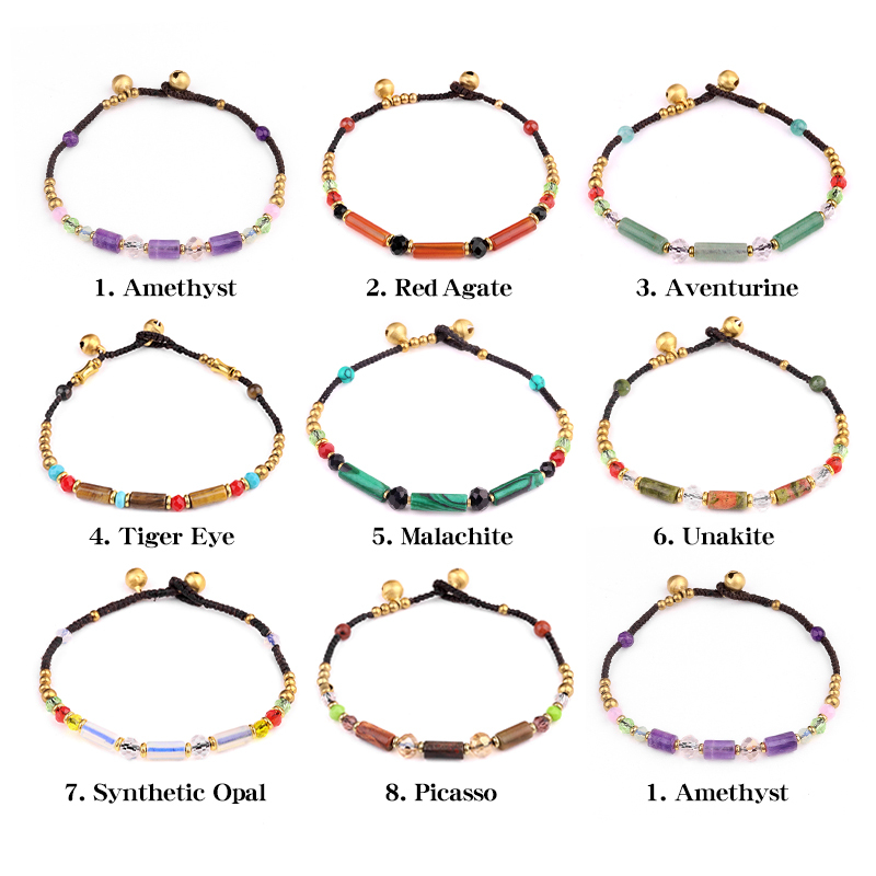 Natural Stone Tube Beads Handmade Woven Silver Bell Bracelets for Women Girls