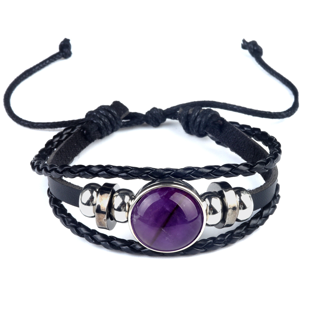 Natural Gemstone 20MM Cabs Handmade Woven Leather Bracelets for Women Men