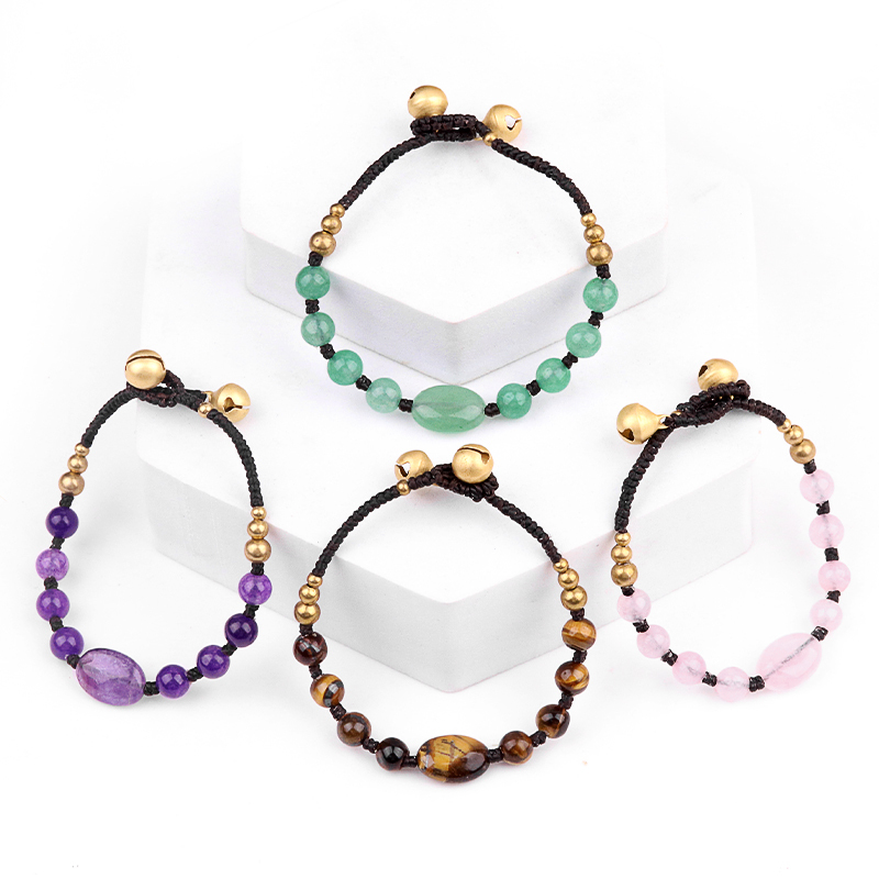 Natural Stone Stone Beads Handmade Woven Silver Bell Bracelets for Women Girls