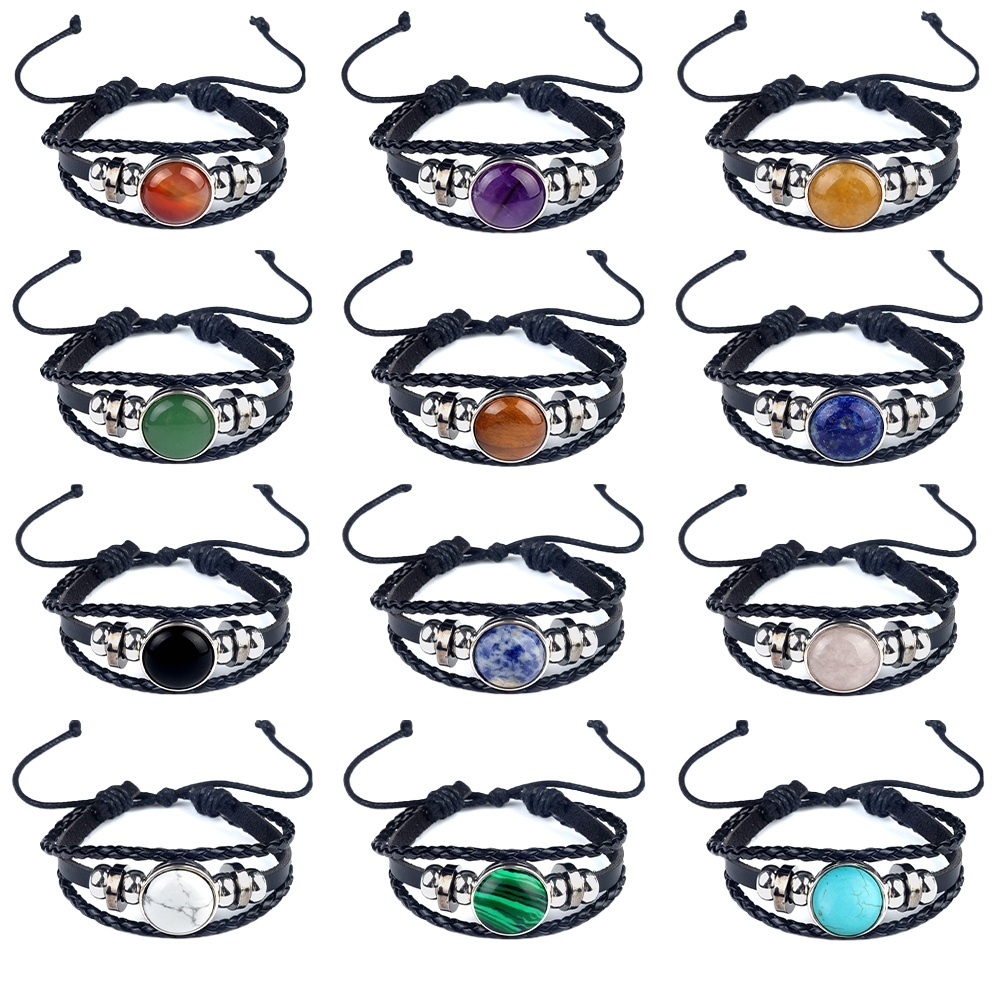 Natural Gemstone 20MM Cabs Handmade Woven Leather Bracelets for Women Men