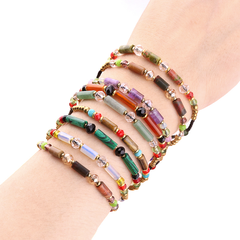 Natural Stone Tube Beads Handmade Woven Silver Bell Bracelets for Women Girls