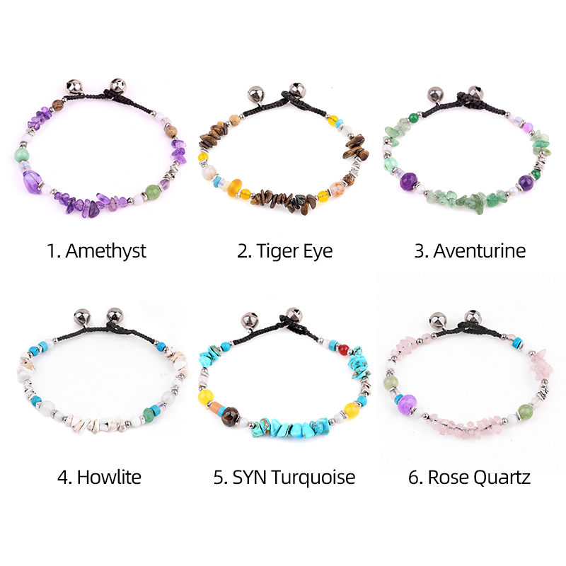 Chip Stone Beads Handmade Woven Silver Bell Bracelets for Women Girls