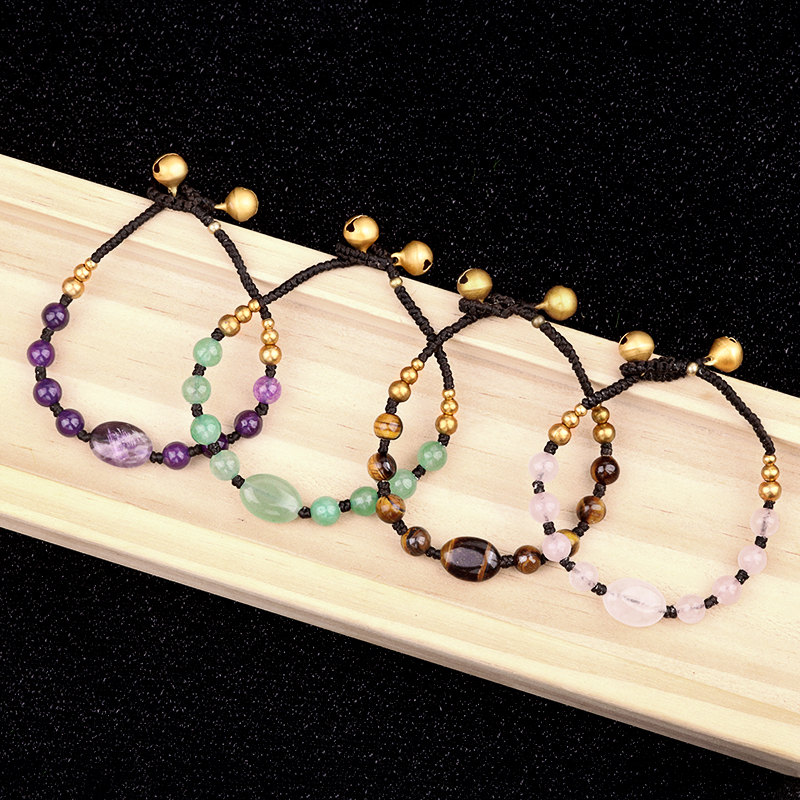 Natural Stone Stone Beads Handmade Woven Silver Bell Bracelets for Women Girls